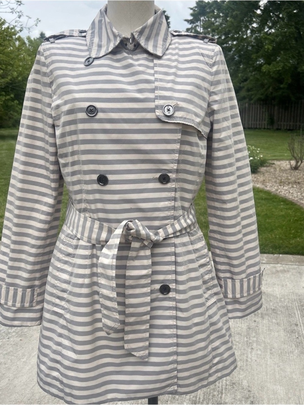 Women's Striped Trench Raincoat Wind Breaker Double Breasted Nautical Size M